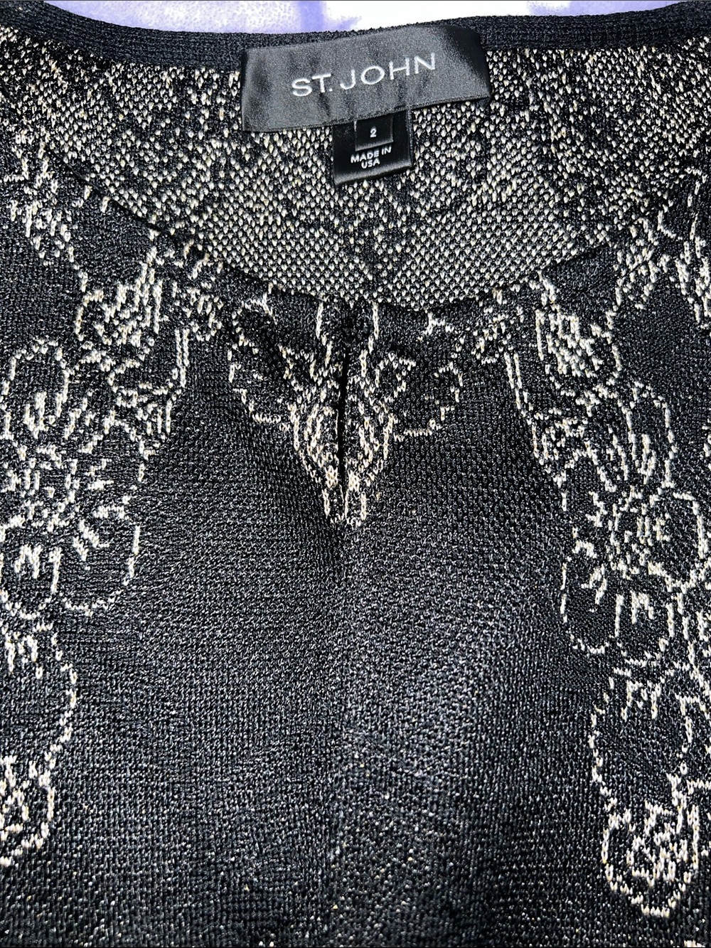 St. John Black Knit Top with gold Metallic Floral Jacquard